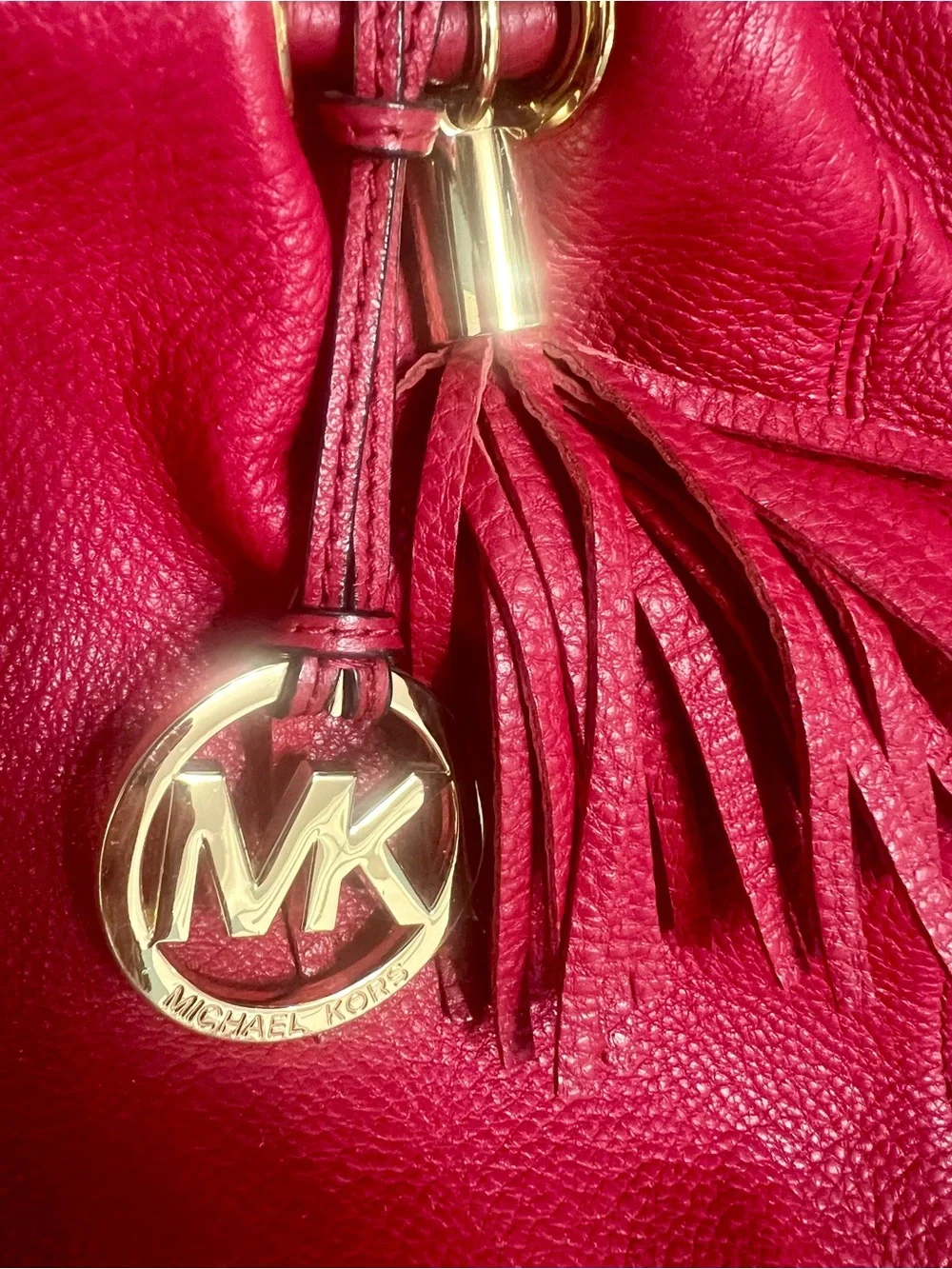 Michael Kors Red Pebbled Leather Drawstring Tassel Large Shoulder Bag
